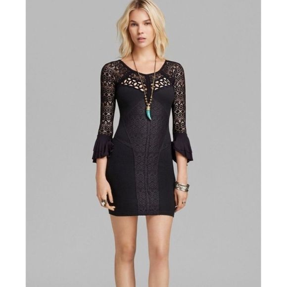 Free People Dresses & Skirts - Free People City Girl - Lace Trim 3/4 Bell Sleeve Black Bodycon Mini Dress Large